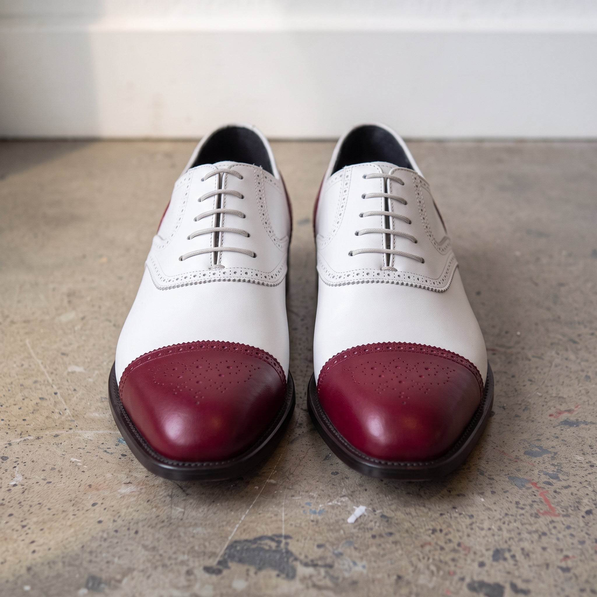 Men's White and Burgundy Cap-Toe Spectator Leather Oxfords — Craven