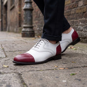 Men's White and Burgundy Cap-Toe Spectator Leather Oxfords — Craven