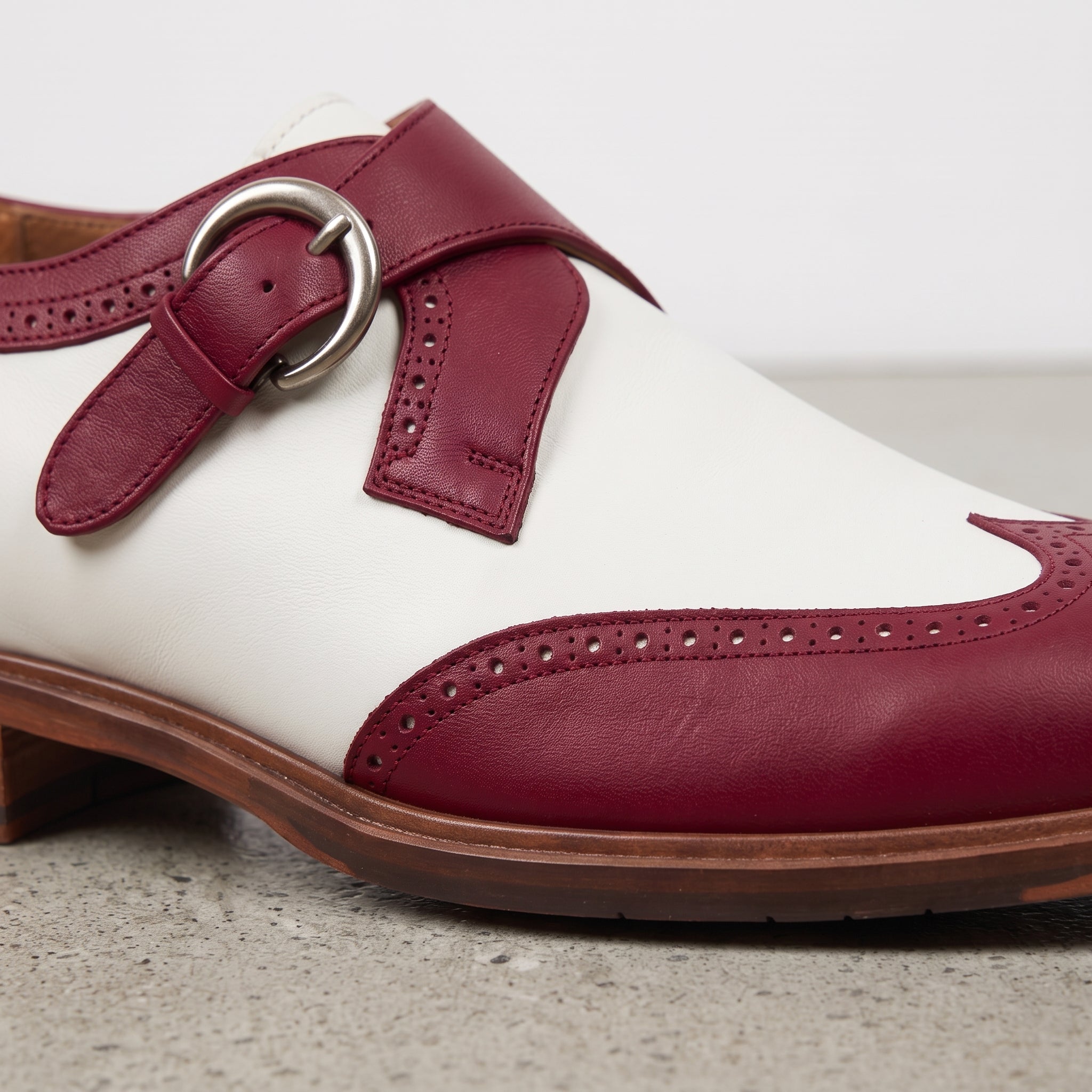 Men's White and Burgundy Wingtip Leather Monk Strap Shoes — Clavering