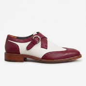 Men's White and Burgundy Wingtip Leather Monk Strap Shoes — Clavering