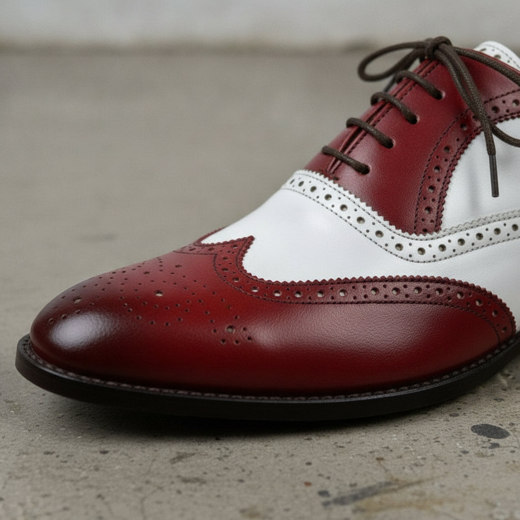 Men's White and Burgundy Wingtip Leather Spectator Oxfords — Thompson — Thompson