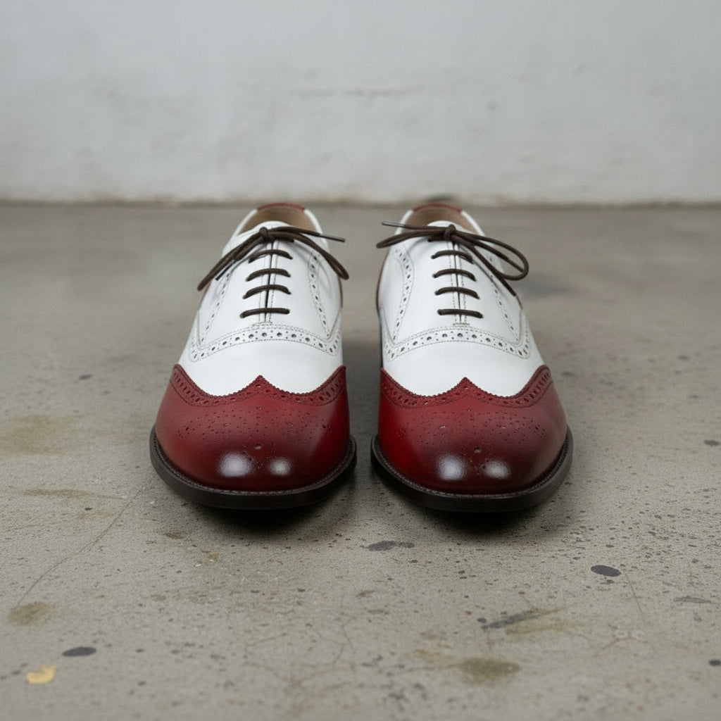 Men's White and Burgundy Wingtip Leather Spectator Oxfords — Thompson — Thompson