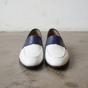 Men's White and Dark Blue Apron-Toe Leather Penny Loafers — Stapleton — Stapleton