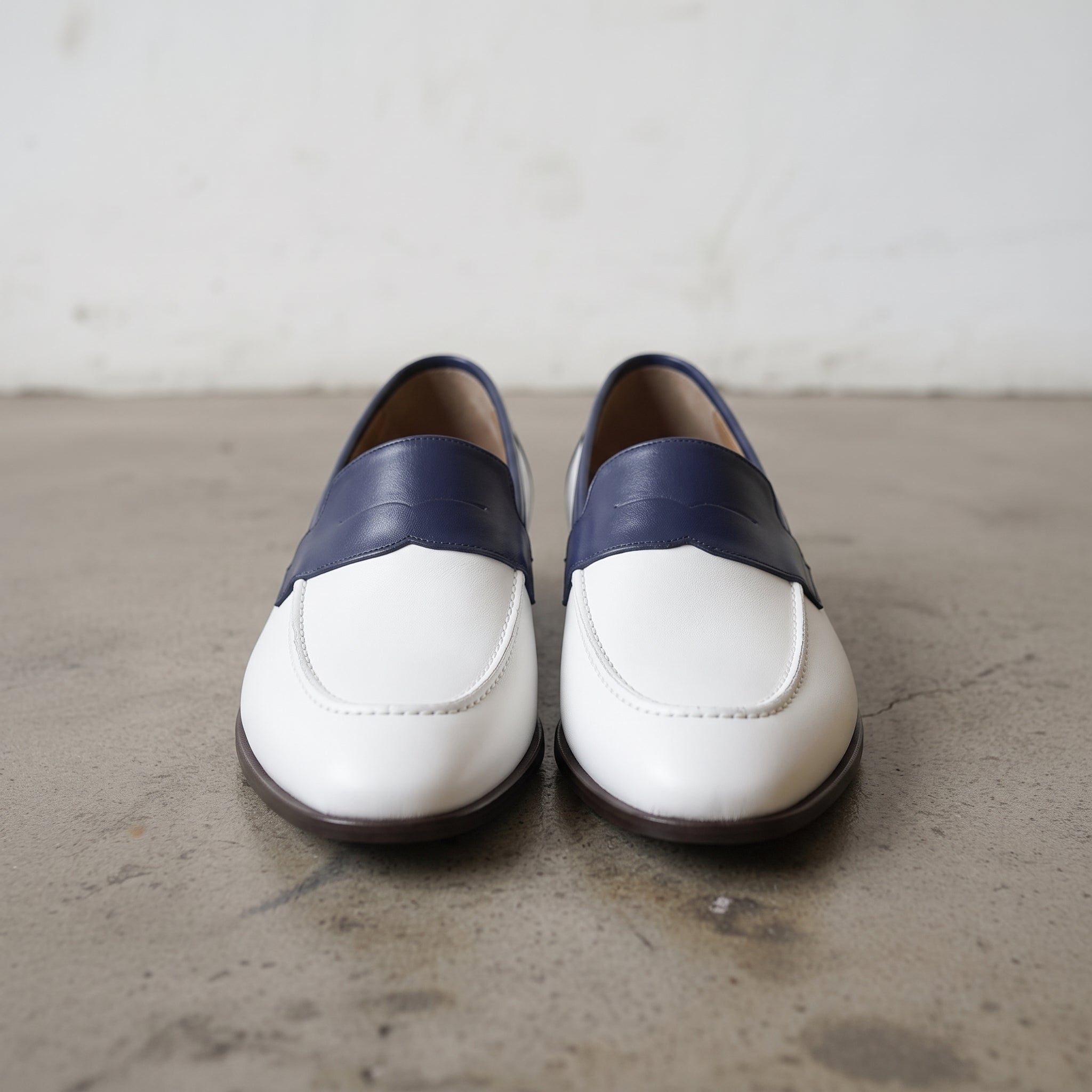 Men's White and Dark Blue Apron-Toe Leather Penny Loafers — Stapleton — Stapleton