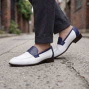 Men's White and Dark Blue Apron-Toe Leather Penny Loafers — Stapleton — Stapleton