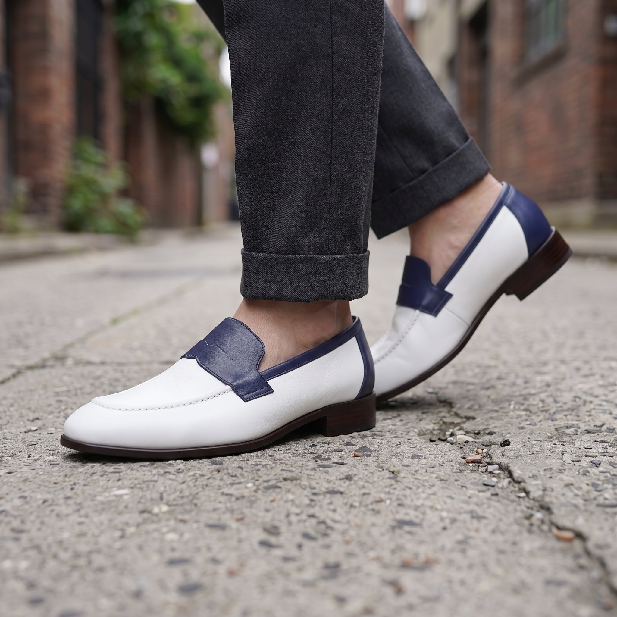 Men's White and Dark Blue Apron-Toe Leather Penny Loafers — Stapleton — Stapleton