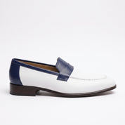 Men's White and Dark Blue Apron-Toe Leather Penny Loafers — Stapleton — Stapleton