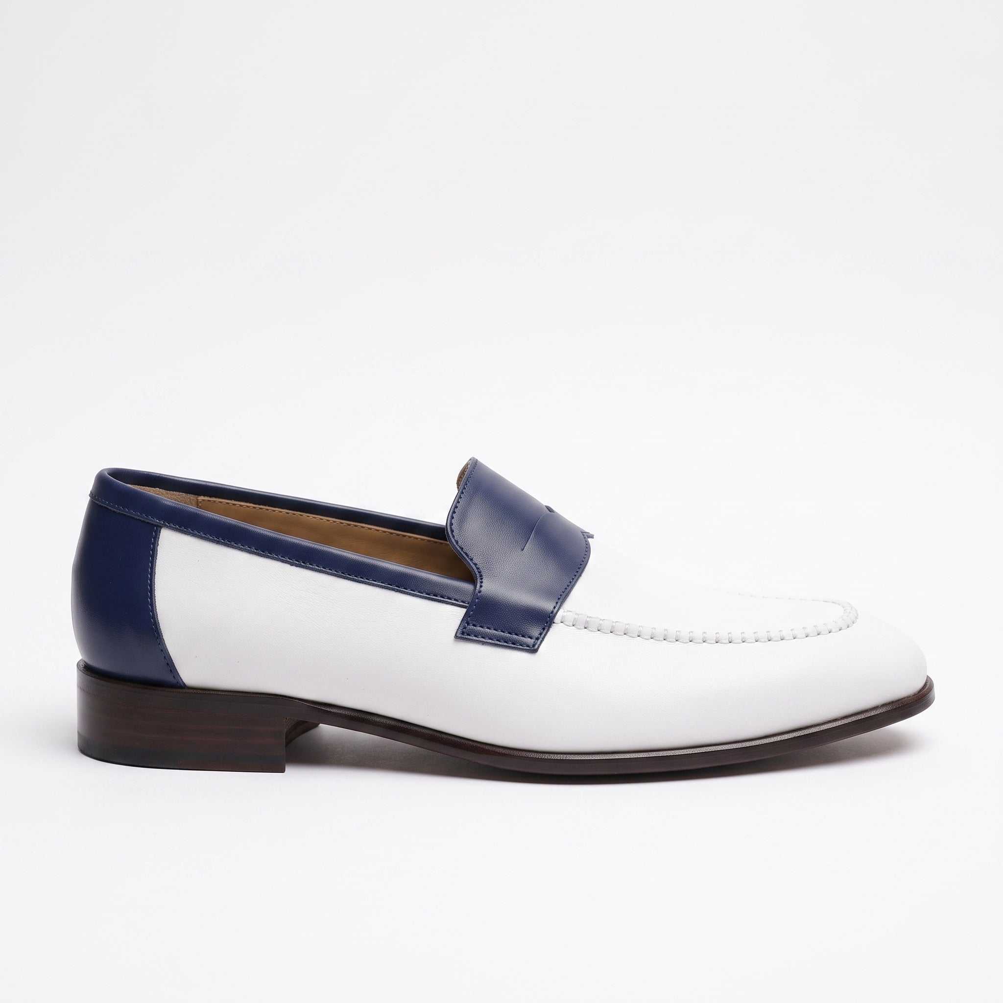 Men's White and Dark Blue Apron-Toe Leather Penny Loafers — Stapleton — Stapleton