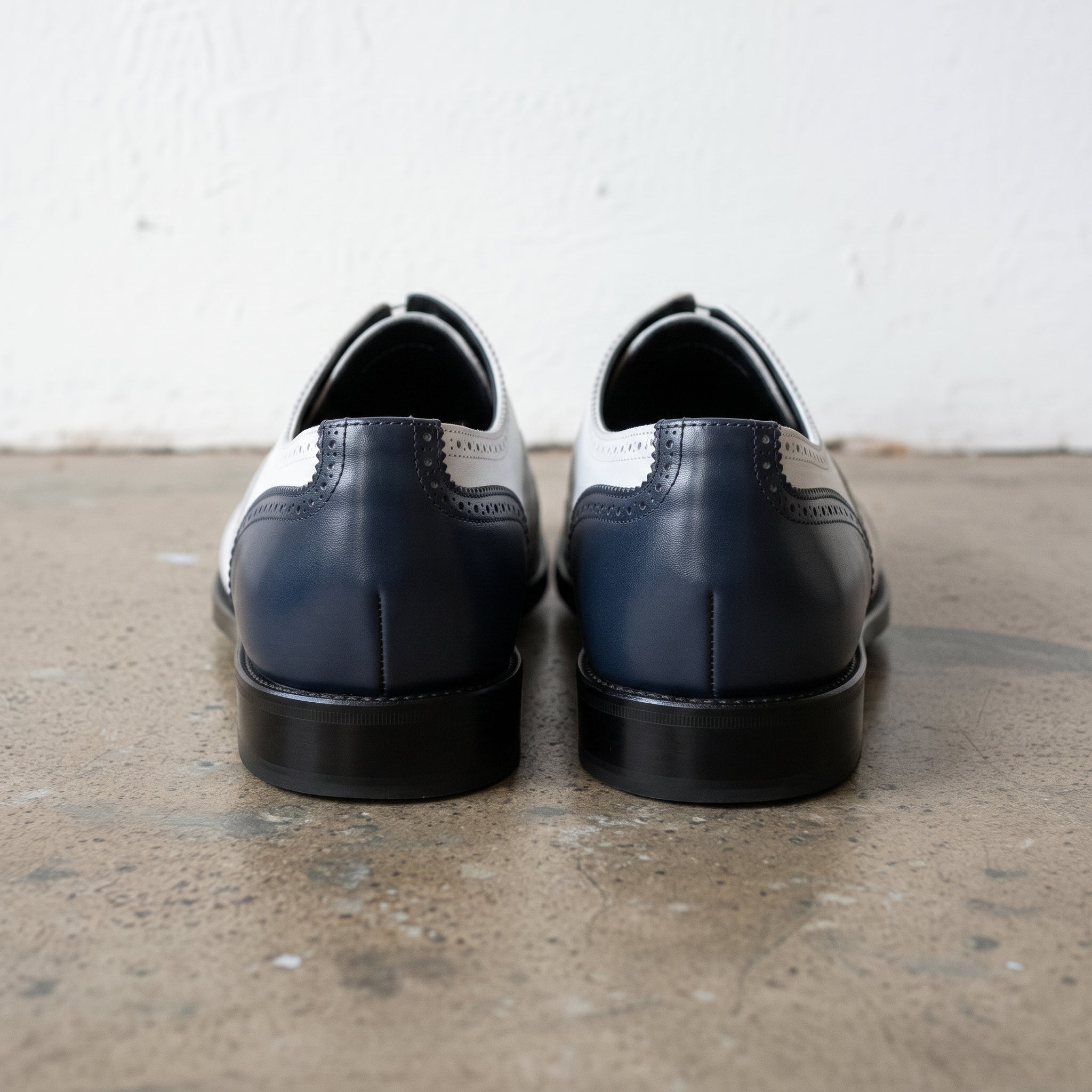 Men's White and Navy Cap-Toe Spectator Leather Oxfords — Craven