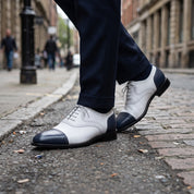 Men's White and Navy Cap-Toe Spectator Leather Oxfords — Craven