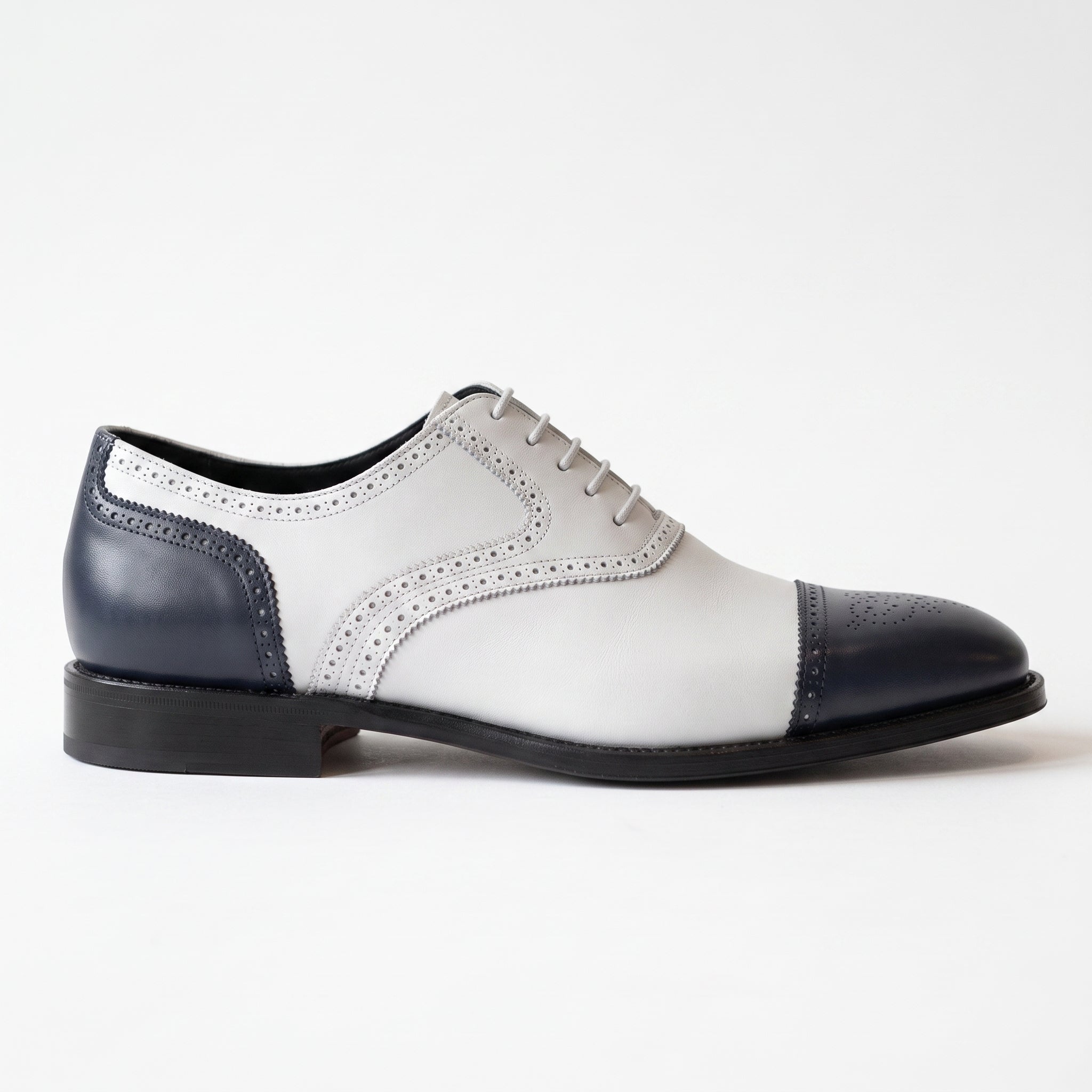 Men's White and Navy Cap-Toe Spectator Leather Oxfords — Craven