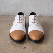 Men's White and Tan Cap-Toe Spectator Leather Oxfords — Craven