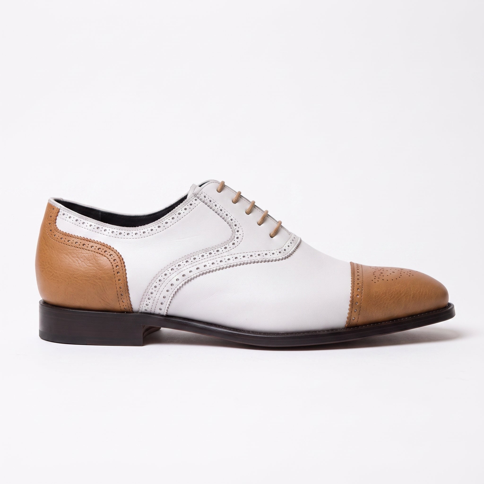 Men's White and Tan Cap-Toe Spectator Leather Oxfords — Craven