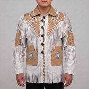 Men's White and Tan Fringed Leather Western Jacket — Hampshire