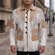 Men's White and Tan Fringed Leather Western Jacket — Hampshire