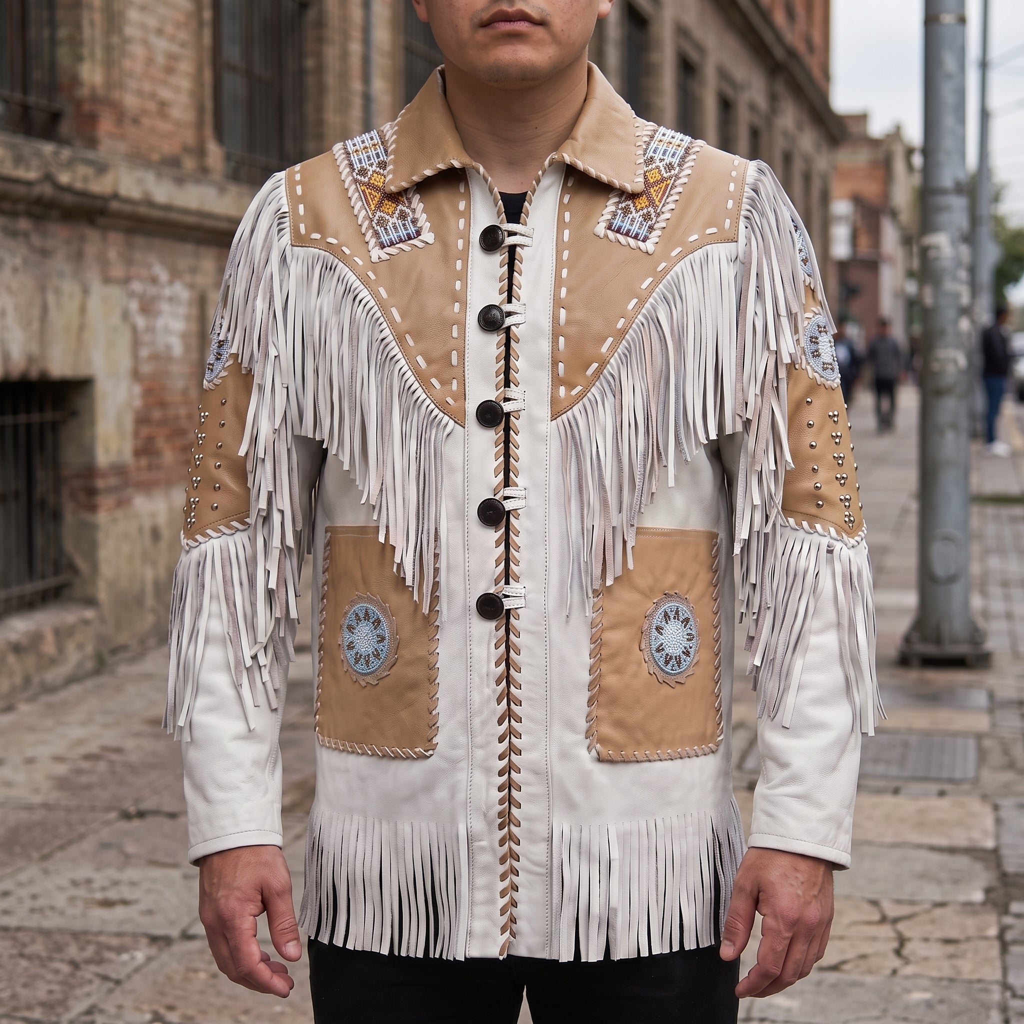 Men's White and Tan Fringed Leather Western Jacket — Hampshire
