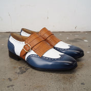 Men's White, Blue, and Tan Wingtip Leather Monk Strap Shoes — Stretton
