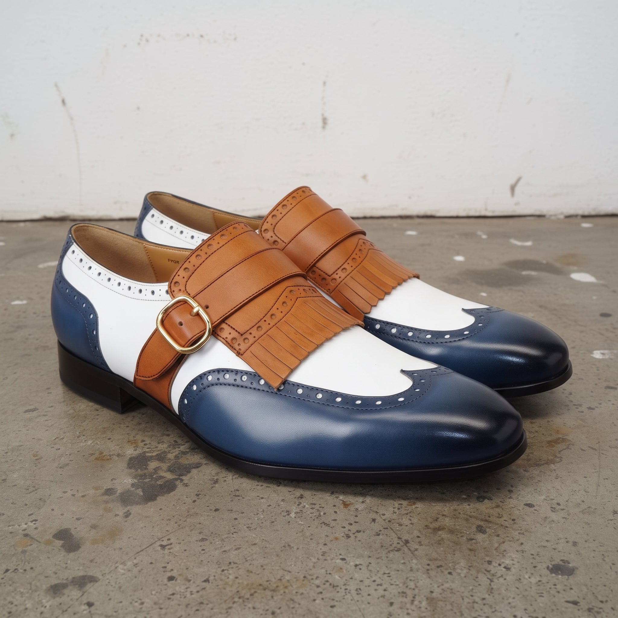 Men's White, Blue, and Tan Wingtip Leather Monk Strap Shoes — Stretton
