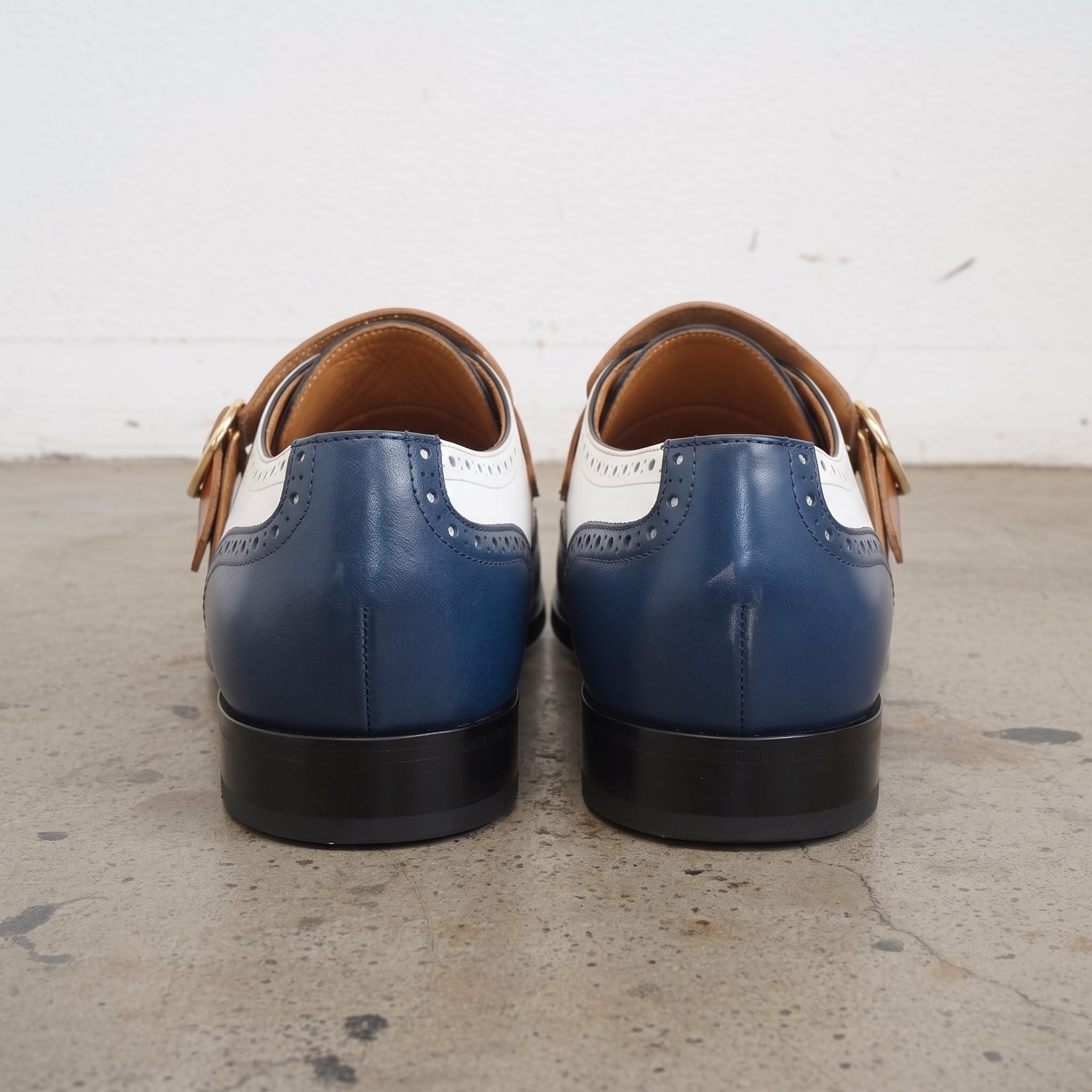 Men's White, Blue, and Tan Wingtip Leather Monk Strap Shoes — Stretton