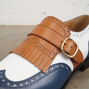 Men's White, Blue, and Tan Wingtip Leather Monk Strap Shoes — Stretton
