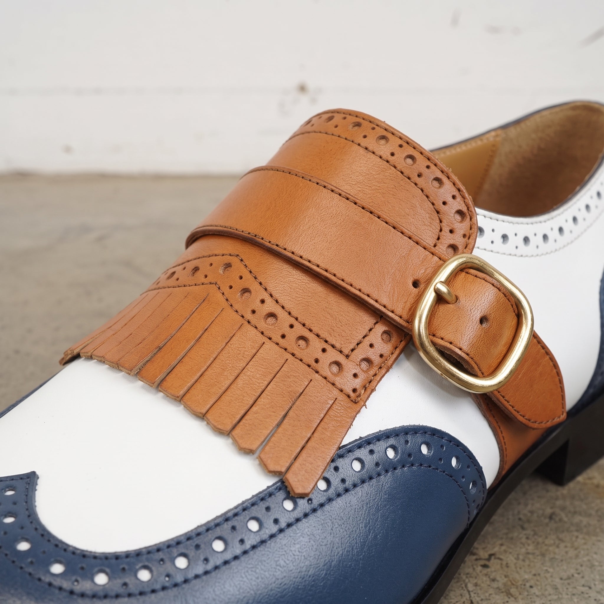 Men's White, Blue, and Tan Wingtip Leather Monk Strap Shoes — Stretton