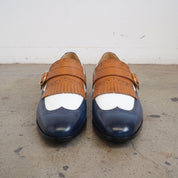 Men's White, Blue, and Tan Wingtip Leather Monk Strap Shoes — Stretton