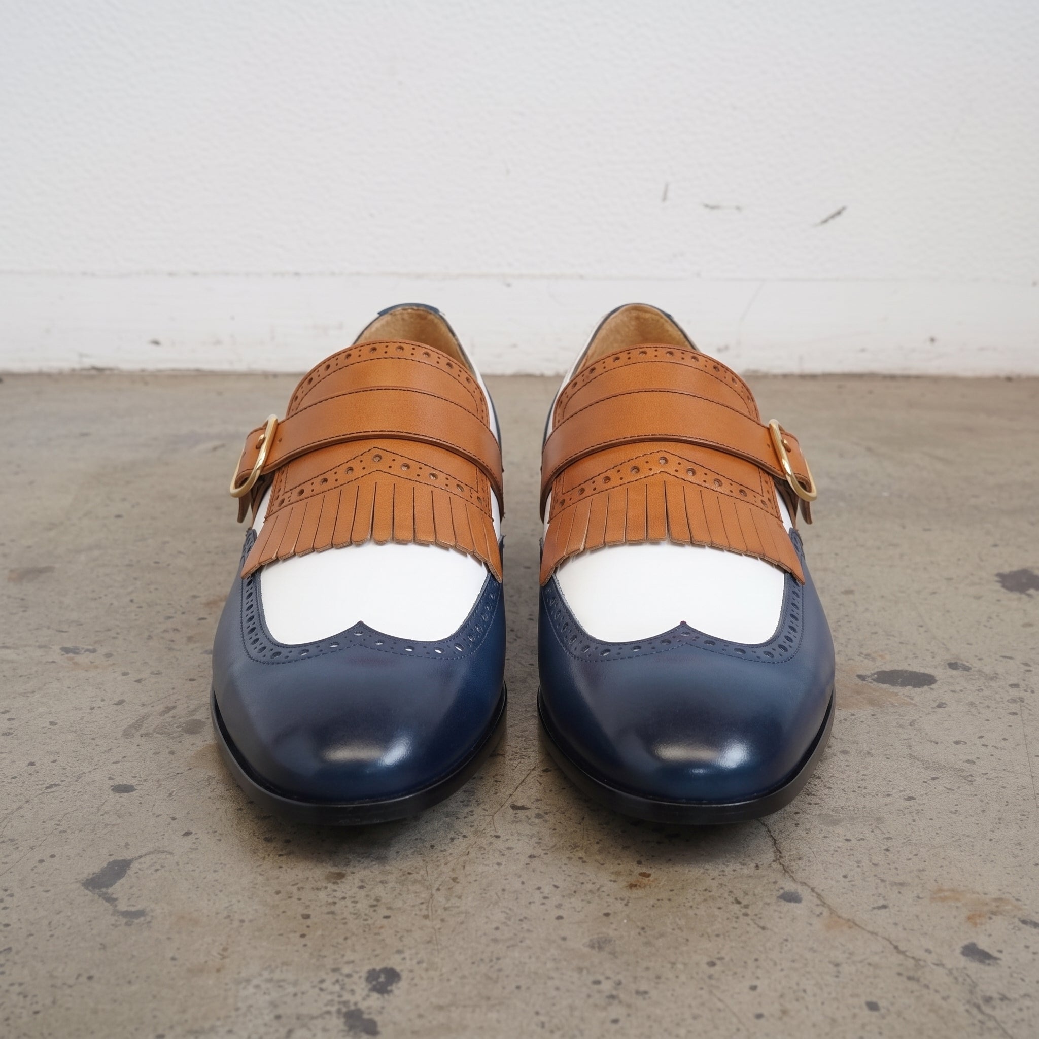 Men's White, Blue, and Tan Wingtip Leather Monk Strap Shoes — Stretton