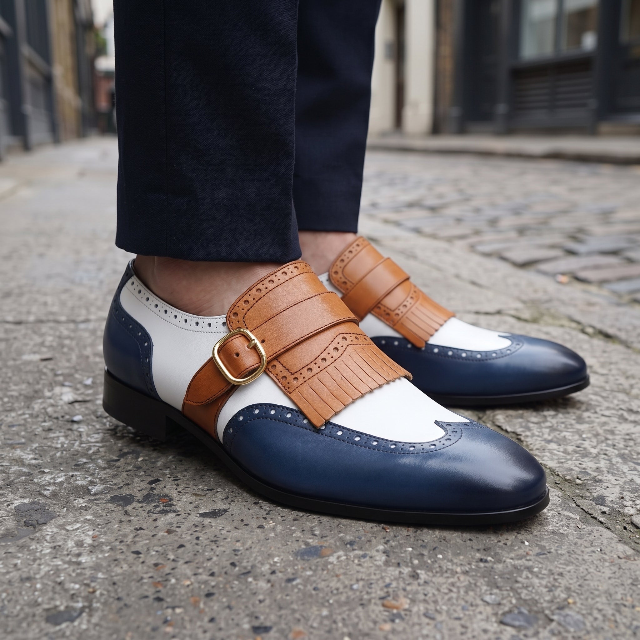 Men's White, Blue, and Tan Wingtip Leather Monk Strap Shoes — Stretton