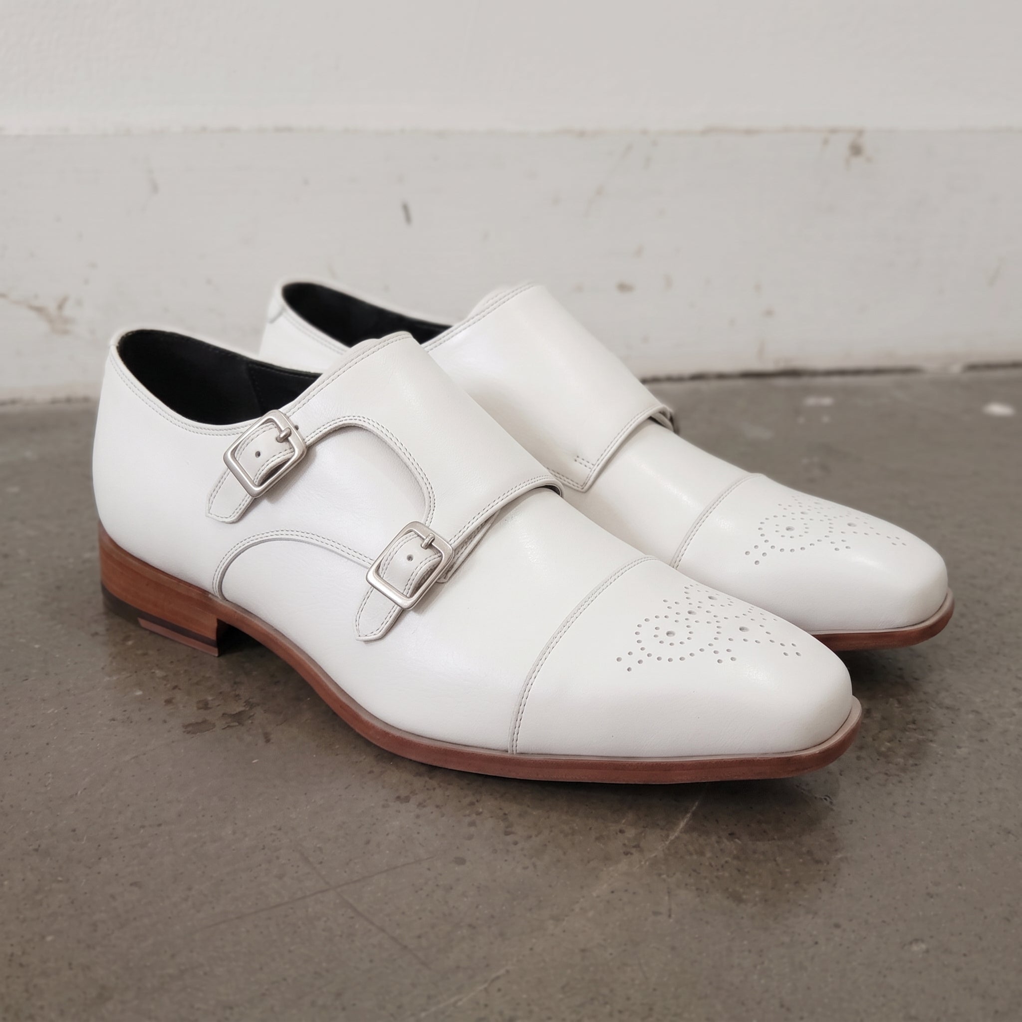 Men's White Cap-Toe Leather Double Monk Strap Shoes — Ardleigh