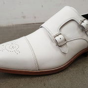 Men's White Cap-Toe Leather Double Monk Strap Shoes — Ardleigh