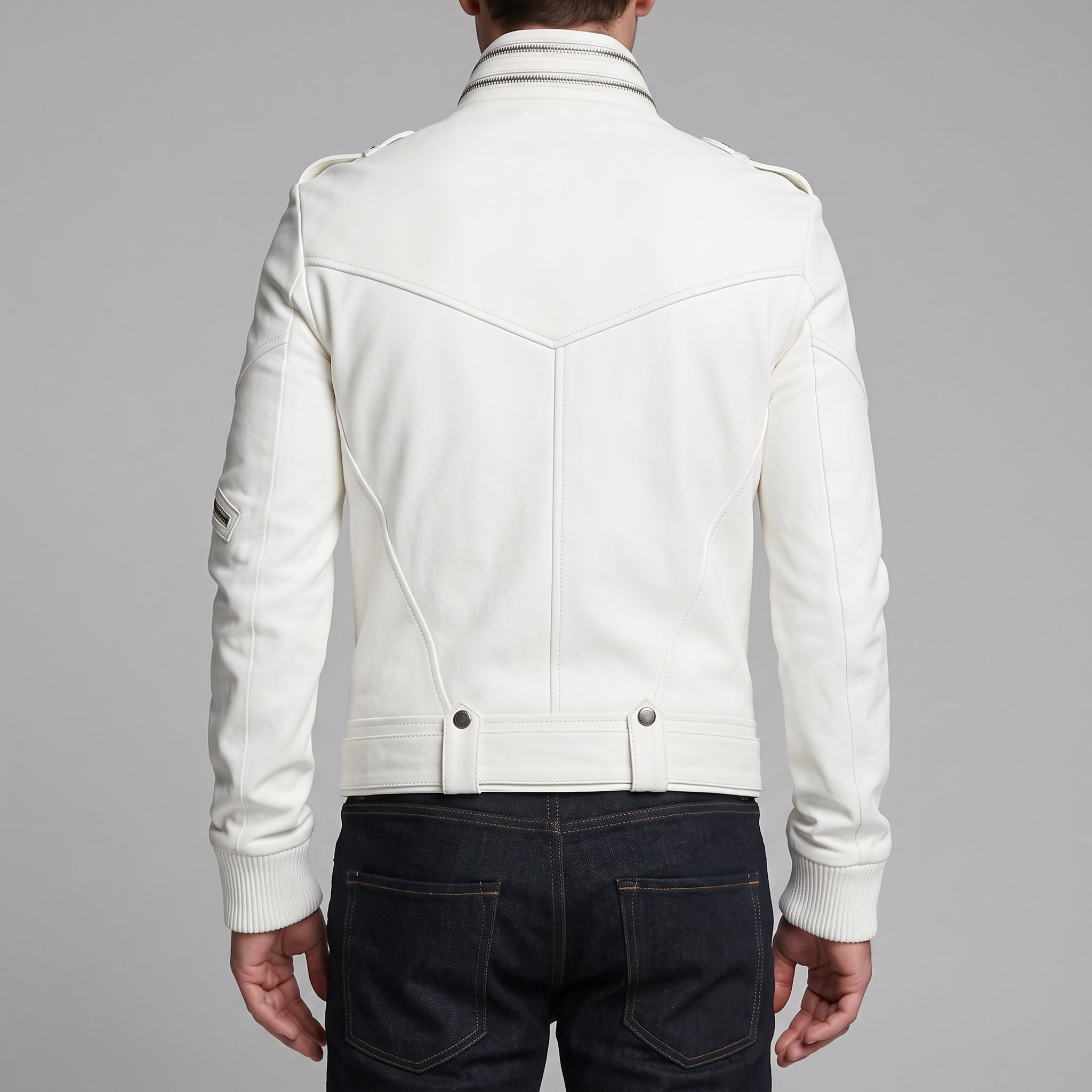 Men's White Leather Biker Jacket — Ayton