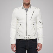 Men's White Leather Biker Jacket — Ayton