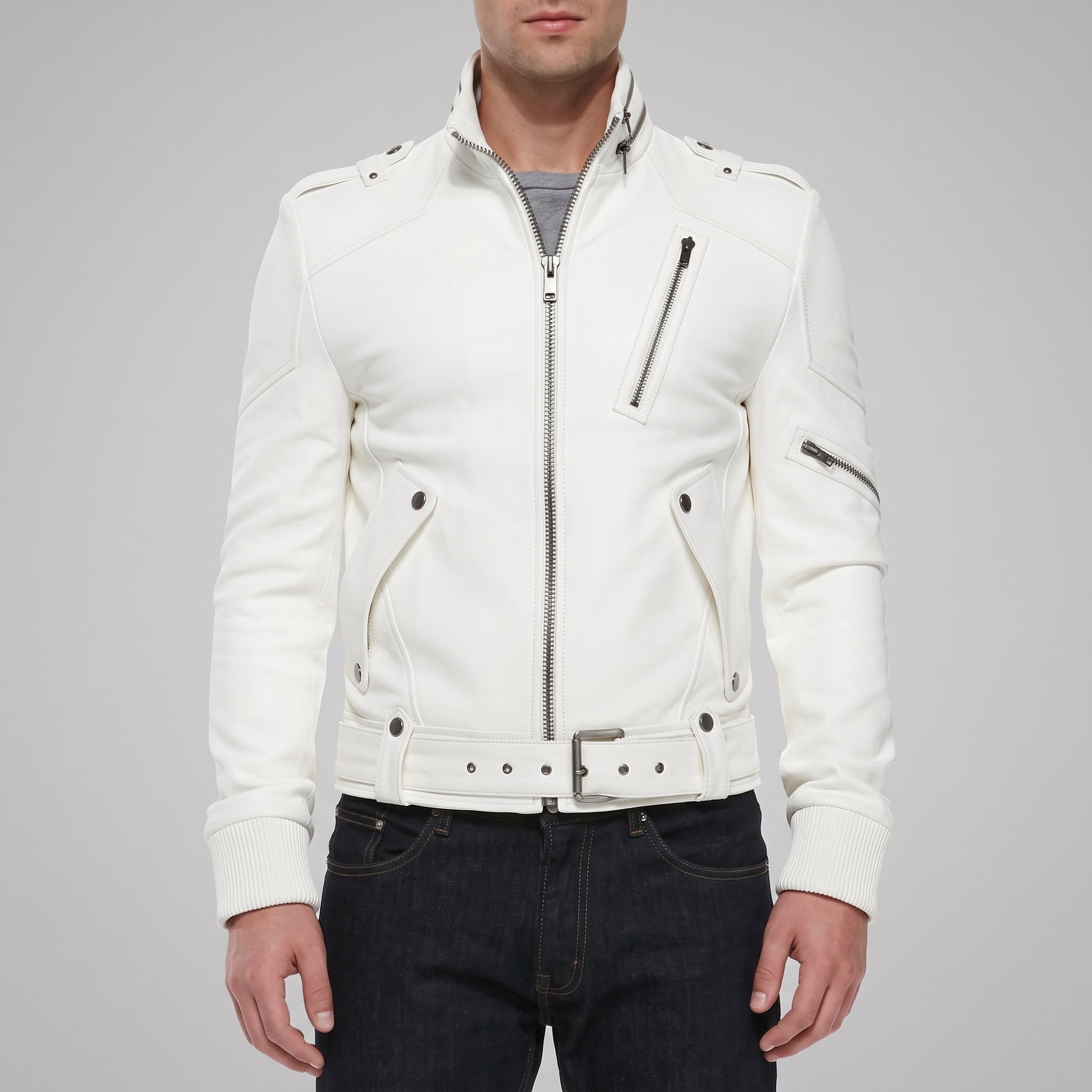 Men's White Leather Biker Jacket — Ayton