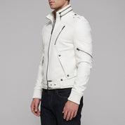 Men's White Leather Biker Jacket — Ayton