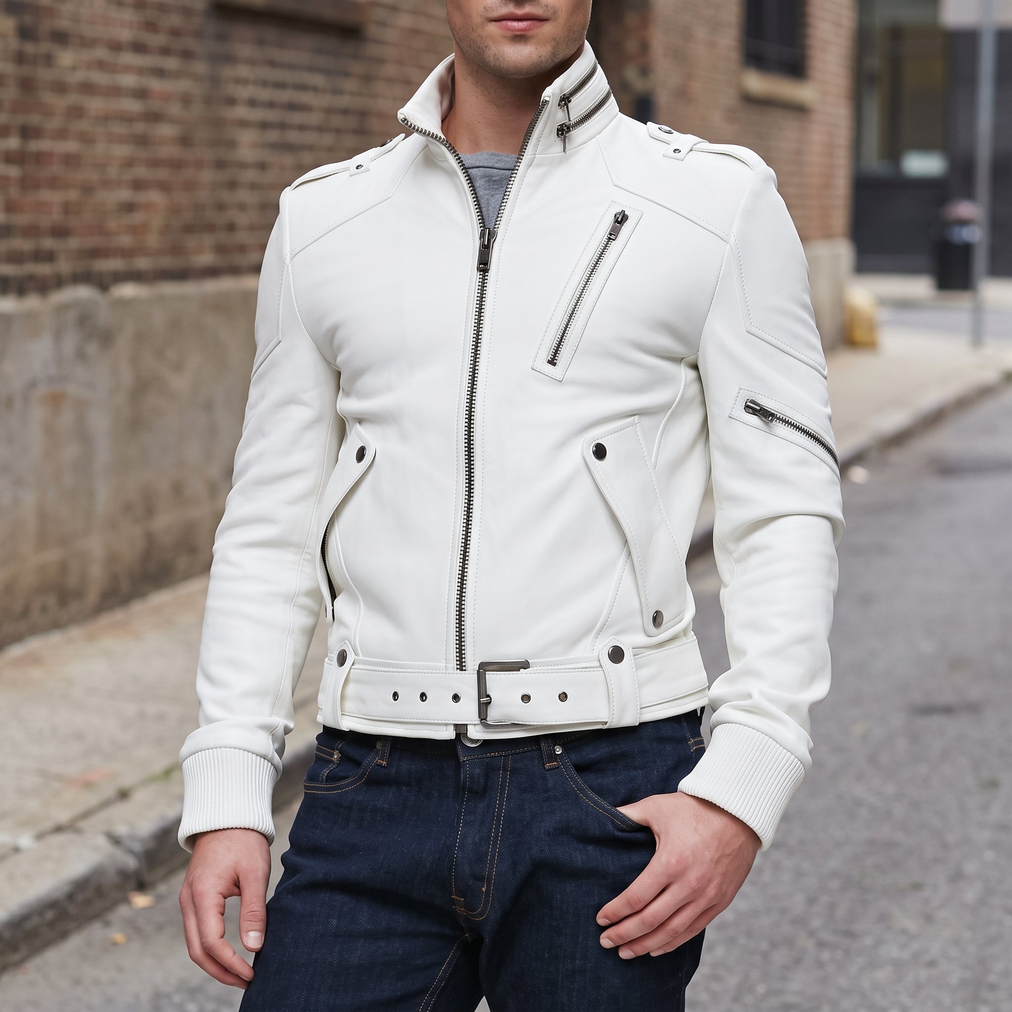 Men's White Leather Biker Jacket — Ayton