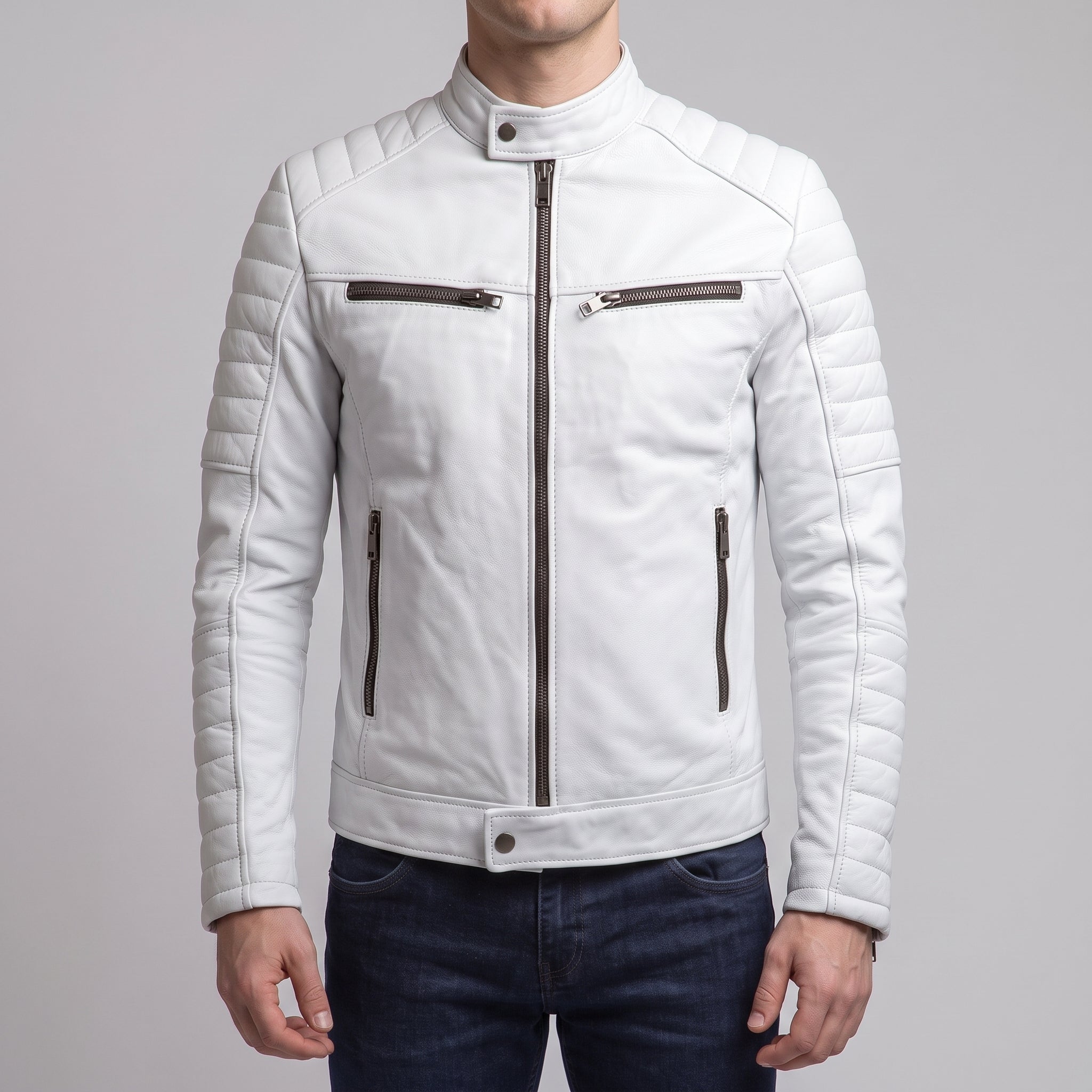 Men's White Leather Biker Jacket — Cuthill