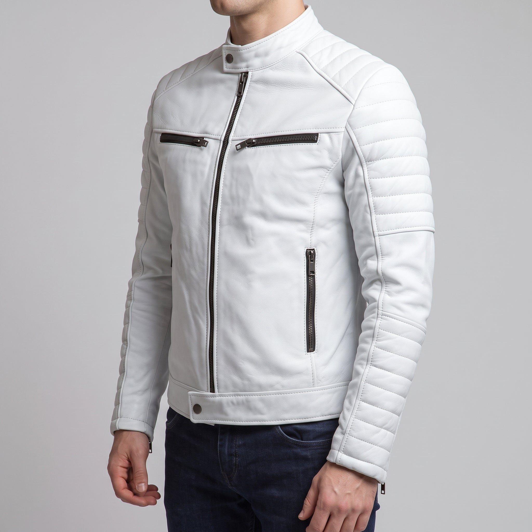 Men's White Leather Biker Jacket — Cuthill