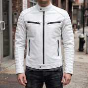 Men's White Leather Biker Jacket — Cuthill