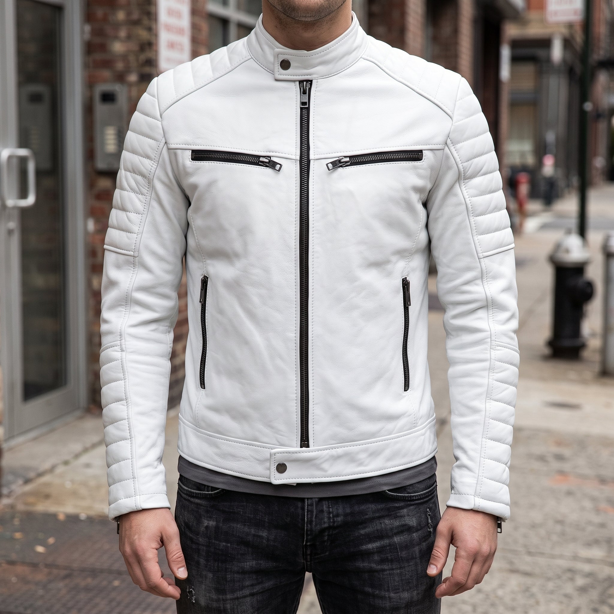 Men's White Leather Biker Jacket — Cuthill