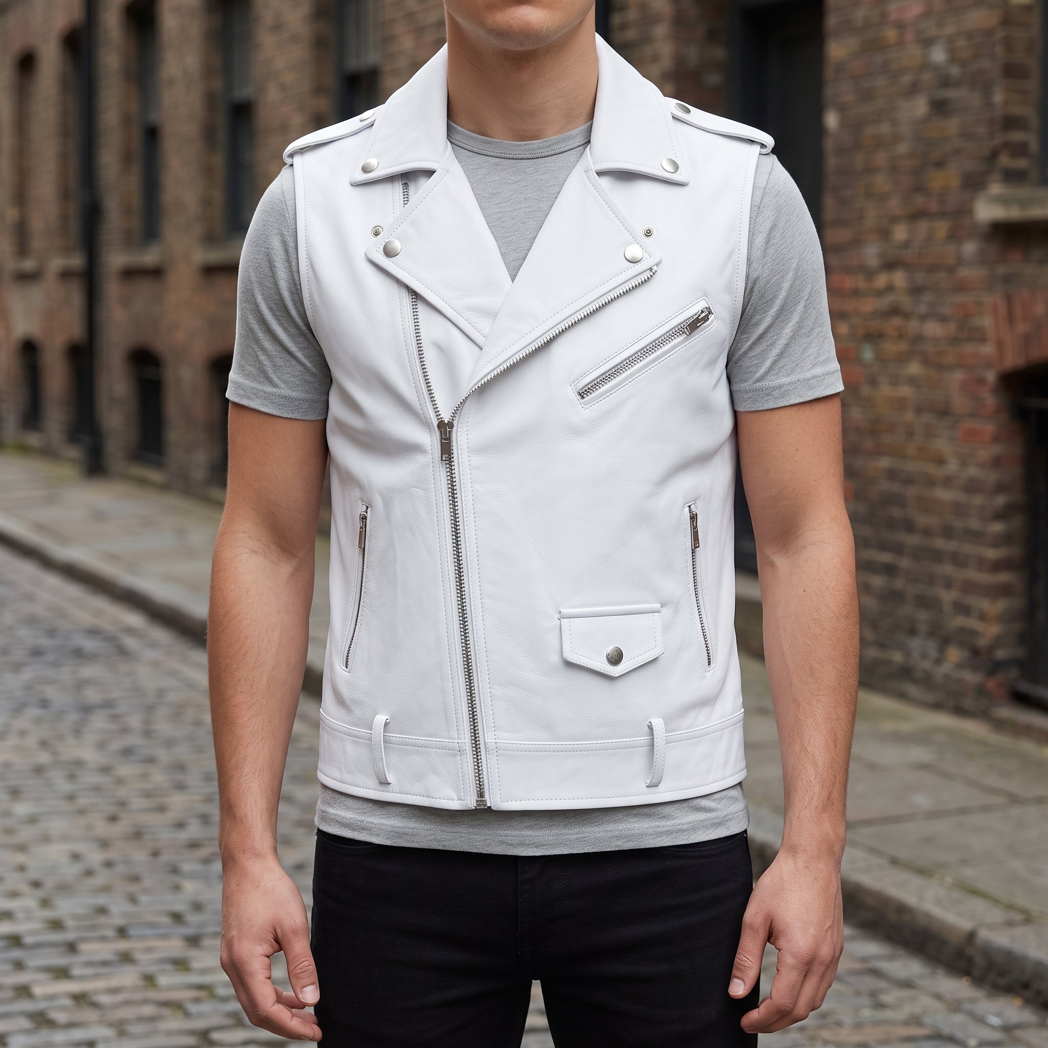 Men's White Leather Biker Vest — Ensworth