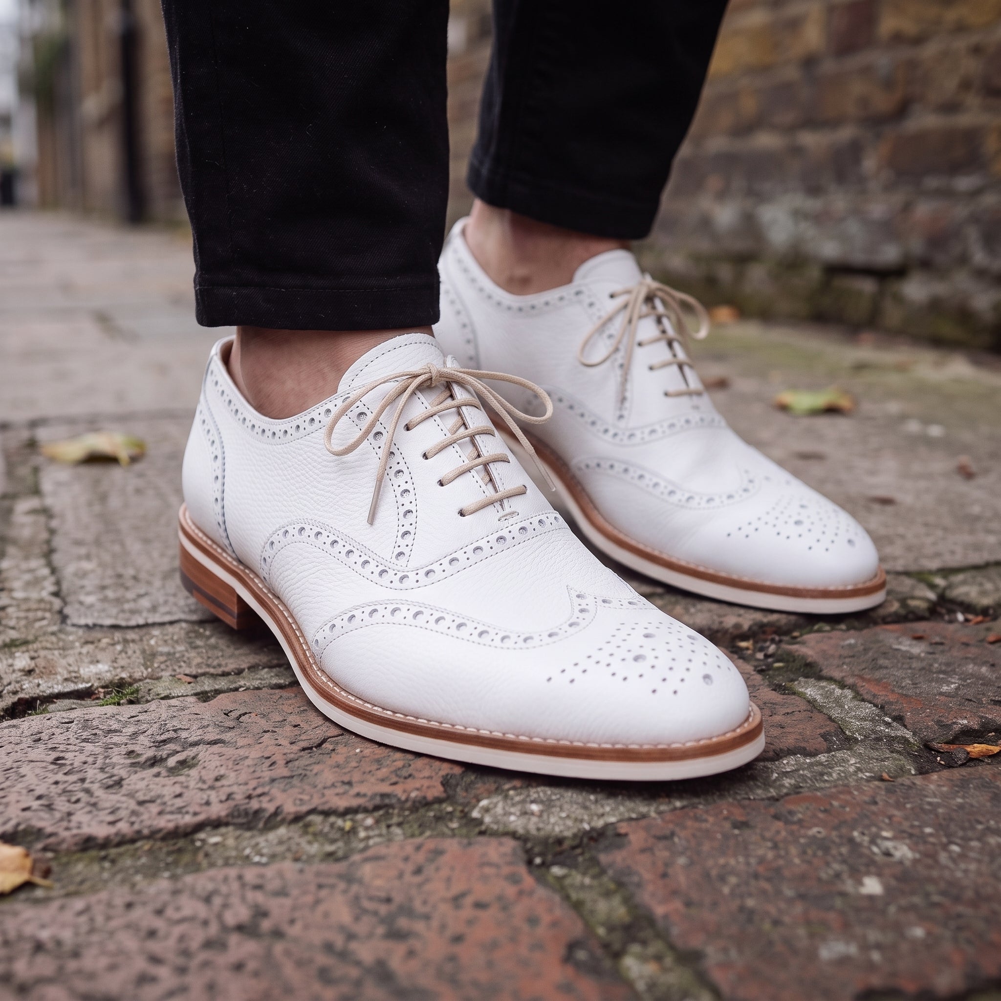 Men's White Pebbled Leather Wingtip Brogue Oxfords — Forster