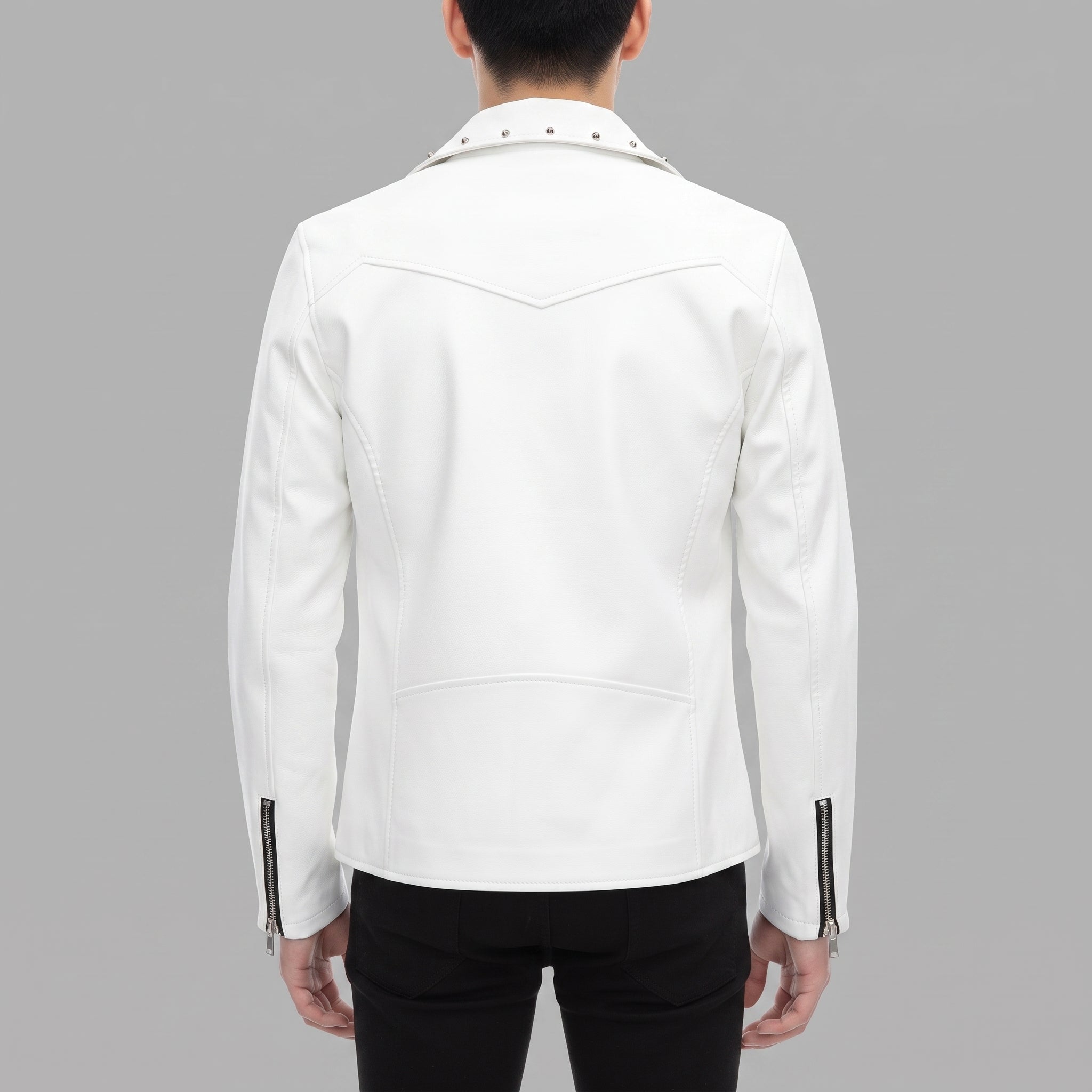 Men's White Studded Leather Biker Jacket — Fossett