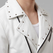 Men's White Studded Leather Biker Jacket — Fossett
