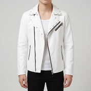 Men's White Studded Leather Biker Jacket — Fossett
