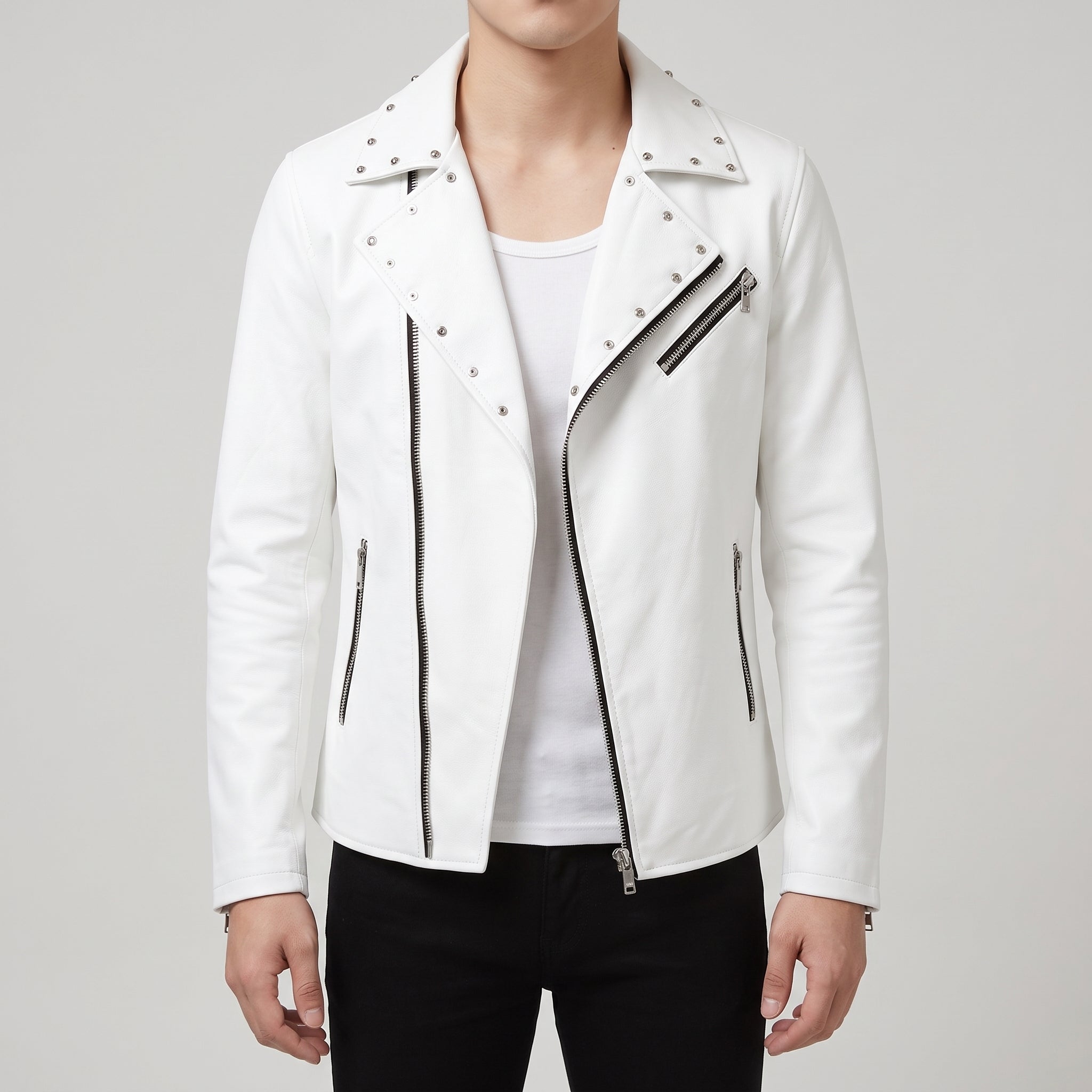 Men's White Studded Leather Biker Jacket — Fossett