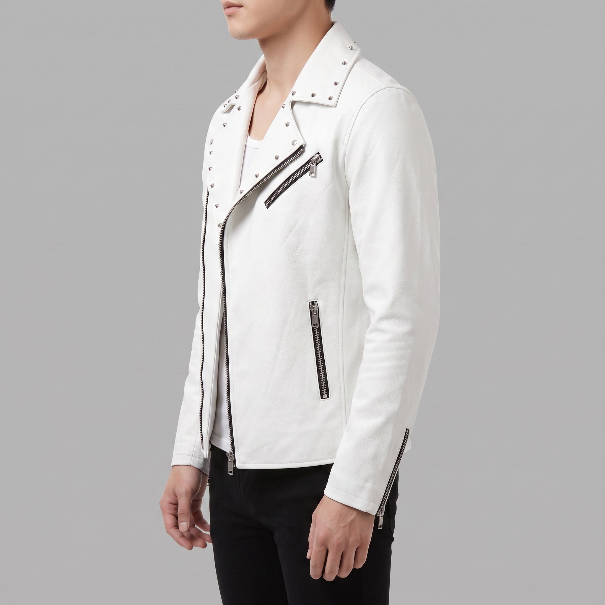 Men's White Studded Leather Biker Jacket — Fossett