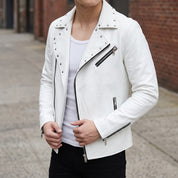 Men's White Studded Leather Biker Jacket — Fossett