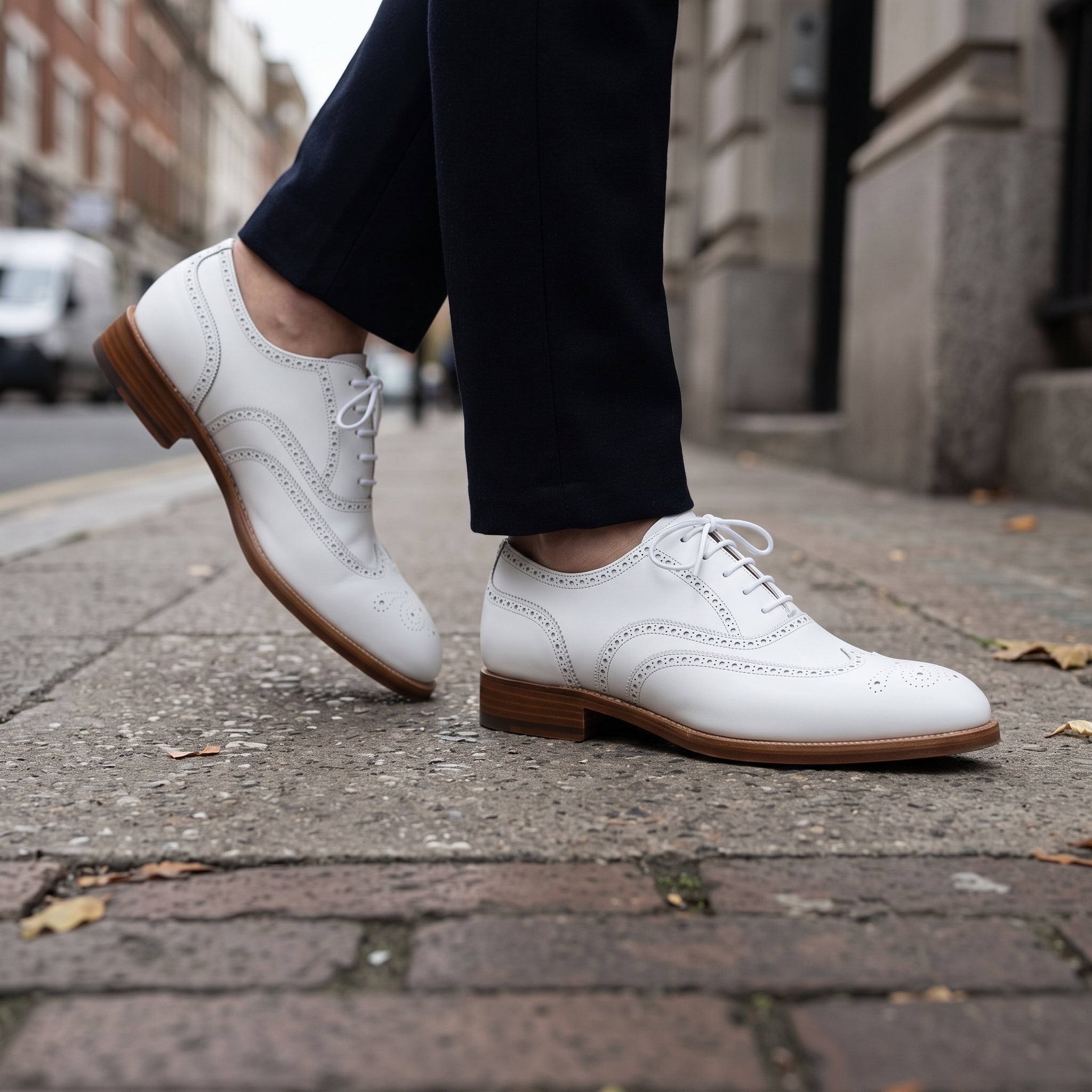 Men's White Wingtip Leather Brogue Oxfords — Chard