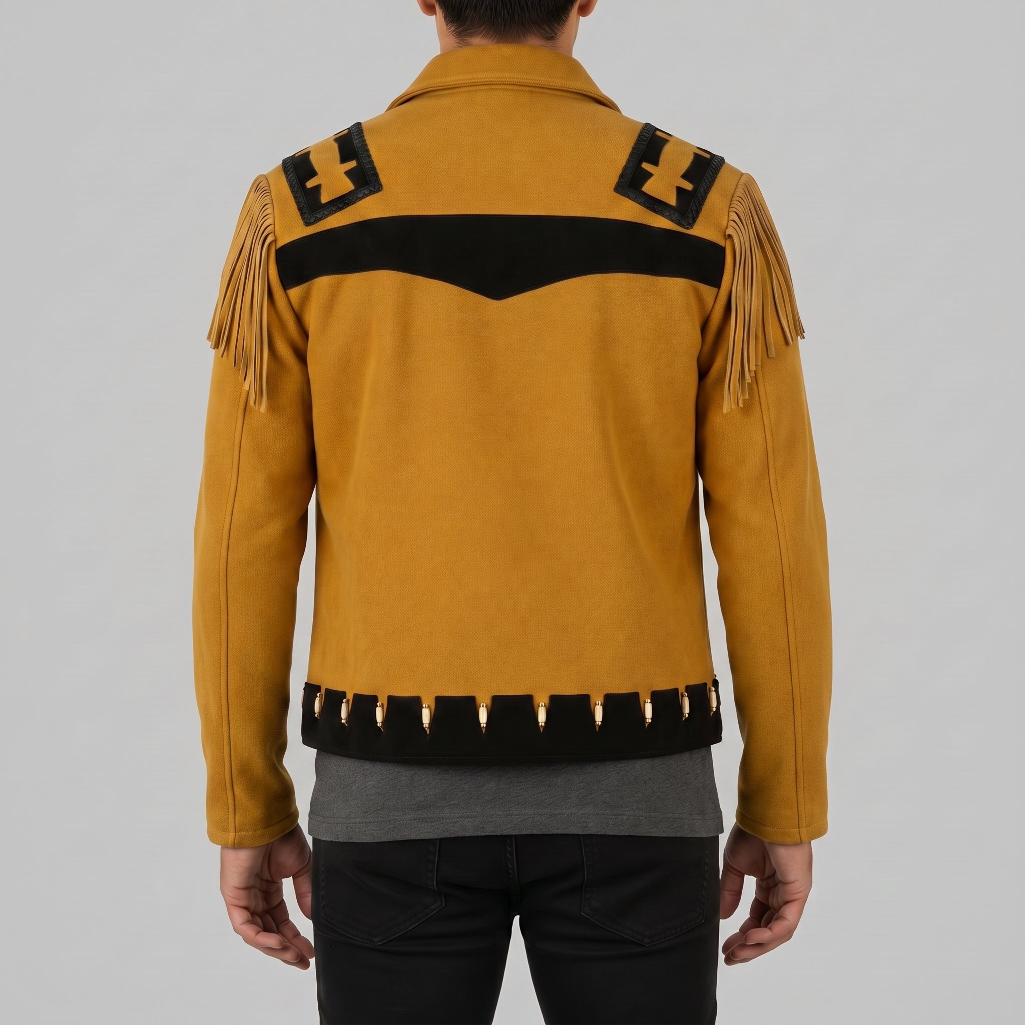 Men's Mustard Yellow and Black Fringed Suede Trucker Jacket — Hurlingham