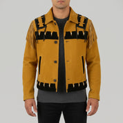 Men's Mustard Yellow and Black Fringed Suede Trucker Jacket — Hurlingham